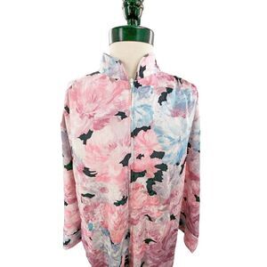 Mary McFadden Women Vintage Zip-Up Floral Print House Coat Mumu Kaftan Size Medi
